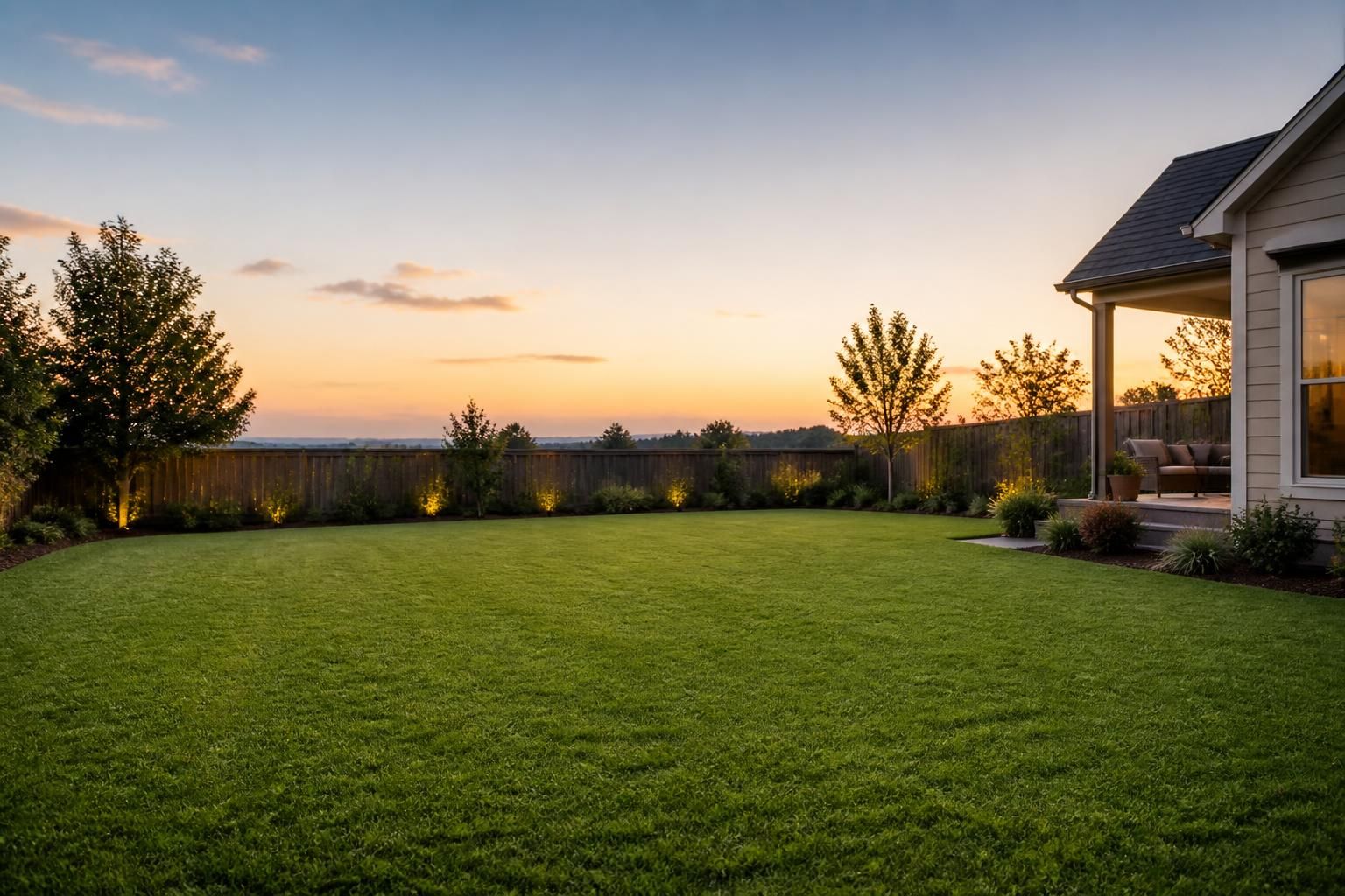 Open backyard with maintained lawn and space for text.