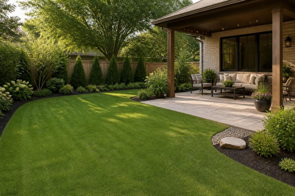 Freshly cleaned backyard with tidy lawn and patio in soft sunlight.