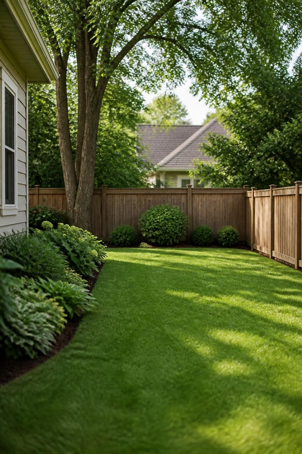 Well-maintained backyard with clean grass and neat borders.
